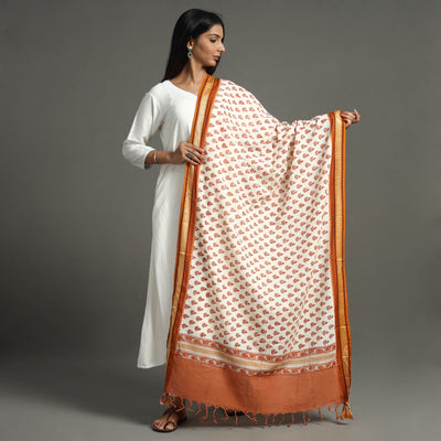 Orange - Block Printed Cotton Sanganeri Dupatta with Tassels 42