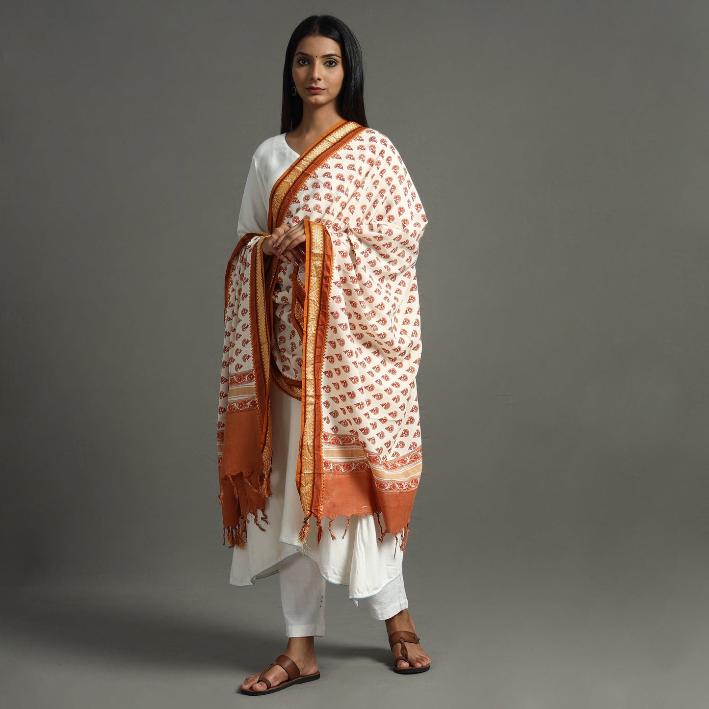 Orange - Block Printed Cotton Sanganeri Dupatta with Tassels 42