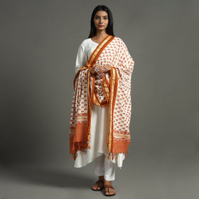 Orange - Block Printed Cotton Sanganeri Dupatta with Tassels 42