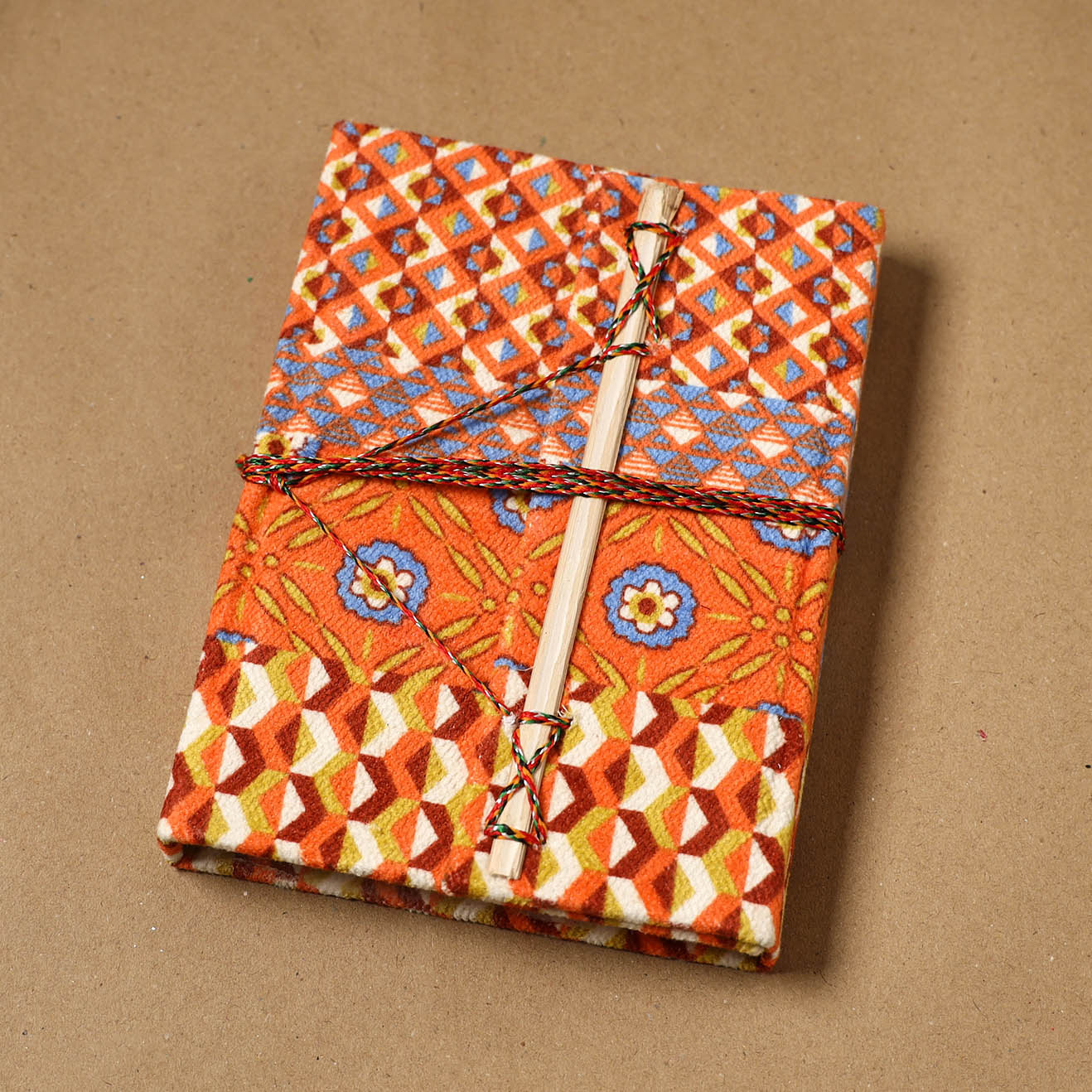 Printed fabric cover handmade paper notebook with thread