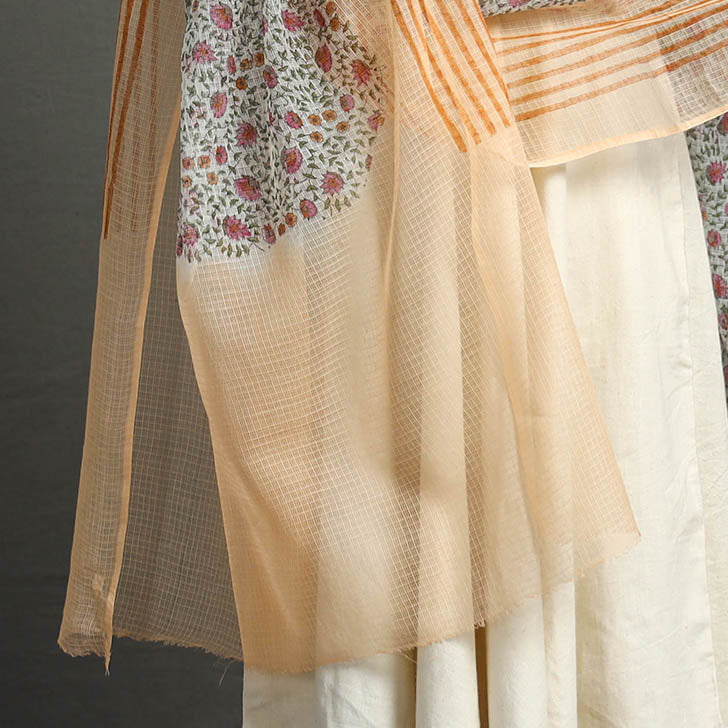 Orange - Block Printed Kota Doria Cotton Sanganeri Dupatta 48