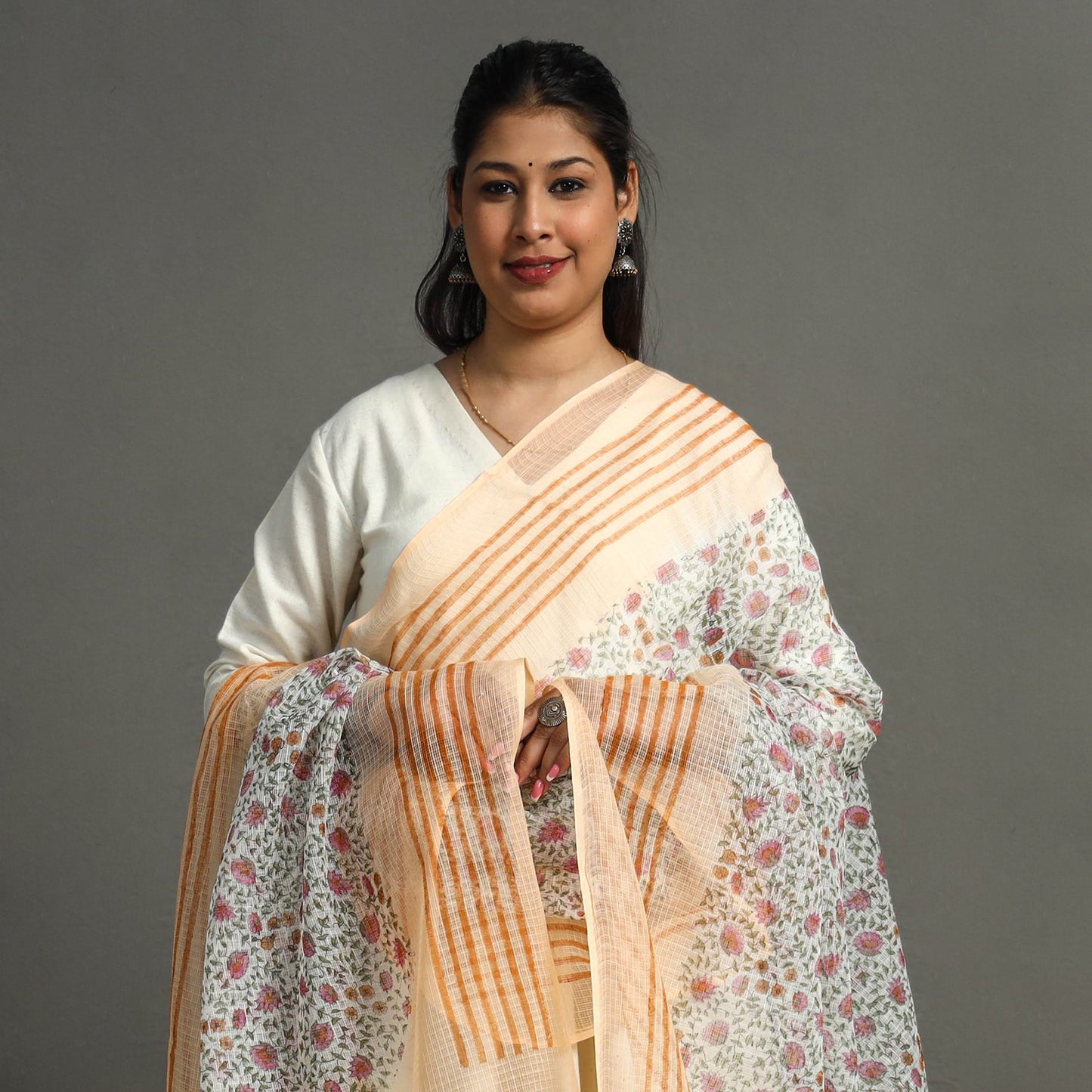 Orange - Block Printed Kota Doria Cotton Sanganeri Dupatta 48
