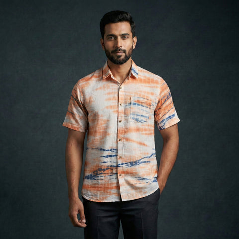 Orange - pure cotton half sleeve tie-dye men shibori shirt