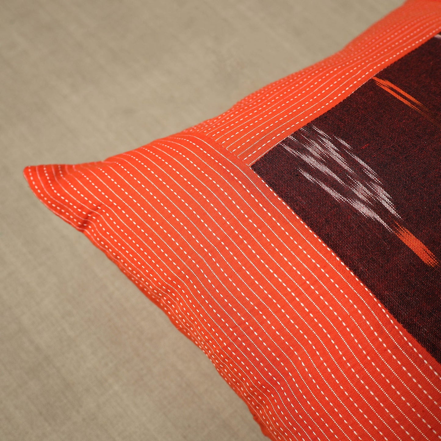 Orange Kantha Stitch Ikat Cushion Cover