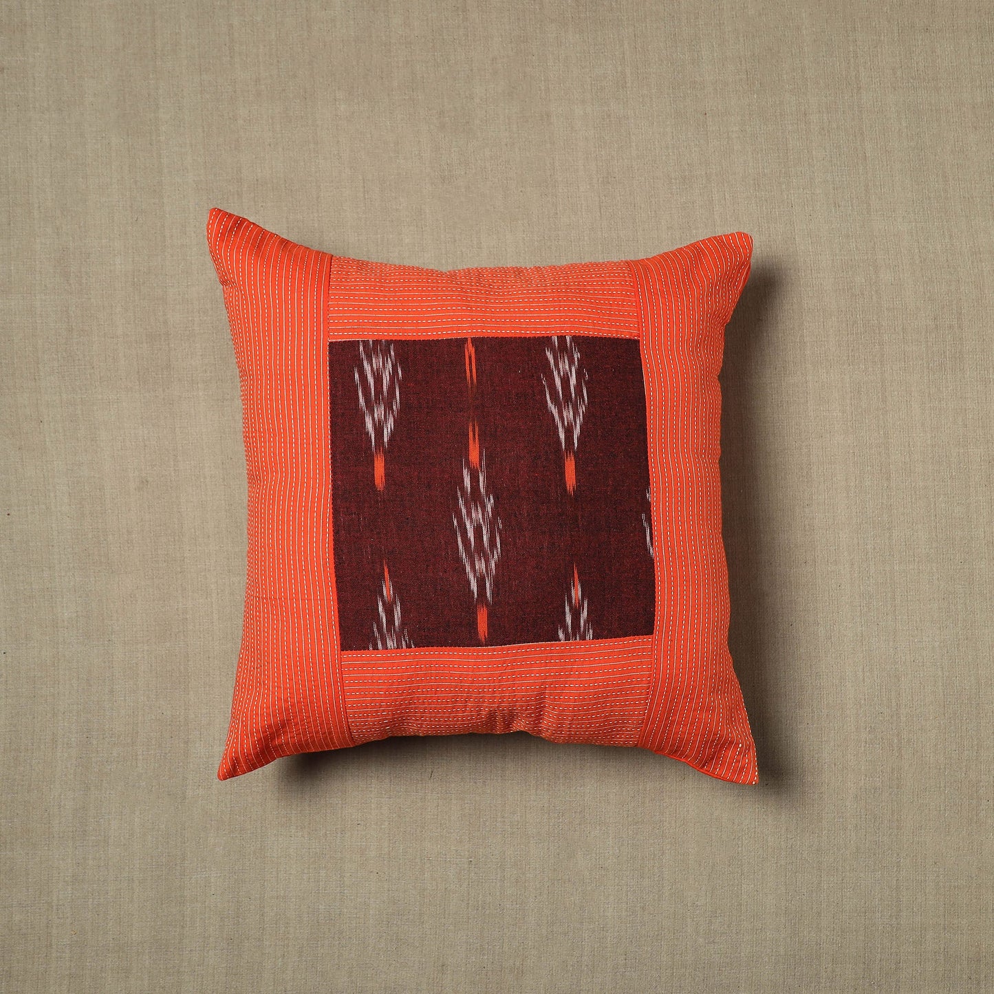 Orange Kantha Stitch Ikat Cushion Cover
