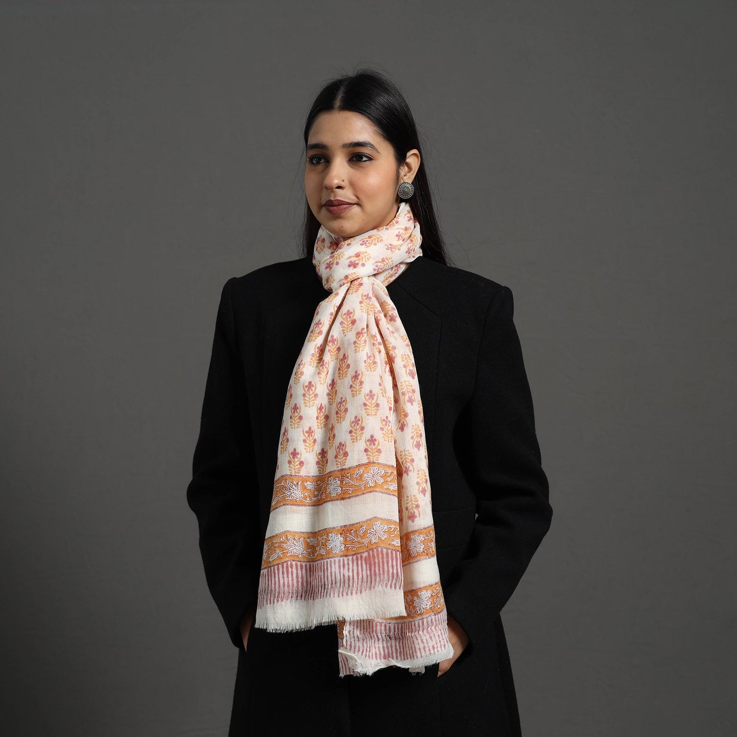 Orange - Pure Wool Block Print Sanganeri Stole 01