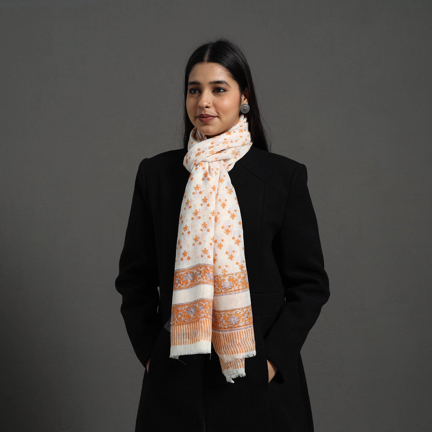 Orange - pure wool sanganeri stole 02 - handcrafted