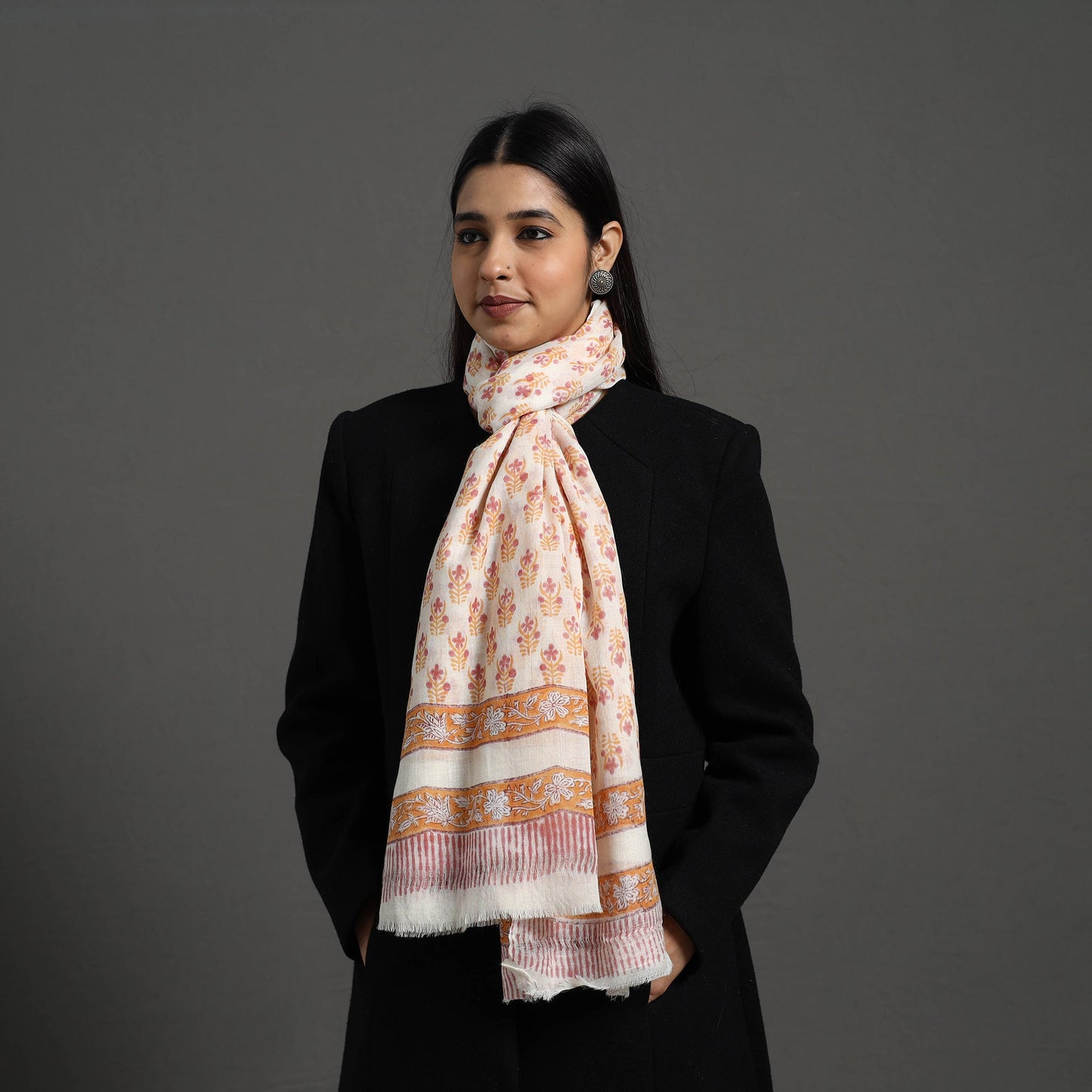 Orange - Pure Wool Block Print Sanganeri Stole 01