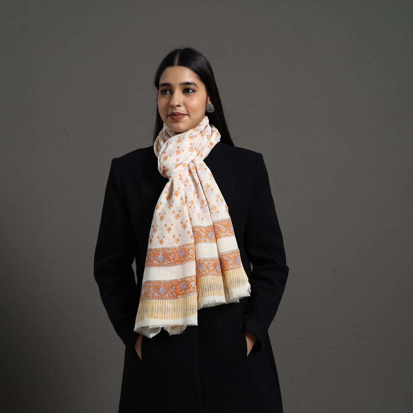 Orange - pure wool sanganeri stole 77 - handcrafted