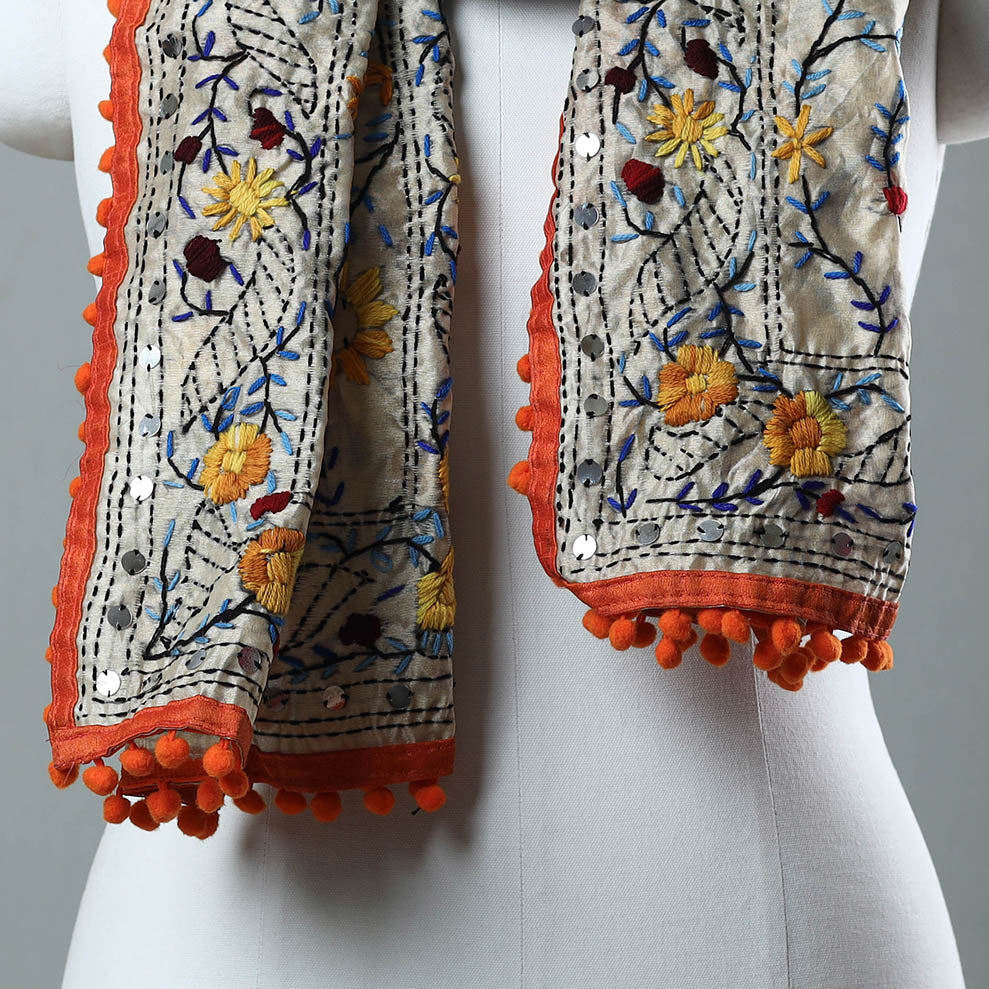 Orange Ranihati Chanderi Silk Embroidered Stole