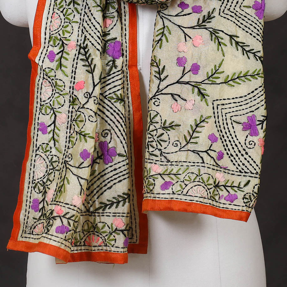 Orange Ranihati Chanderi Silk Hand Embroidered Stole