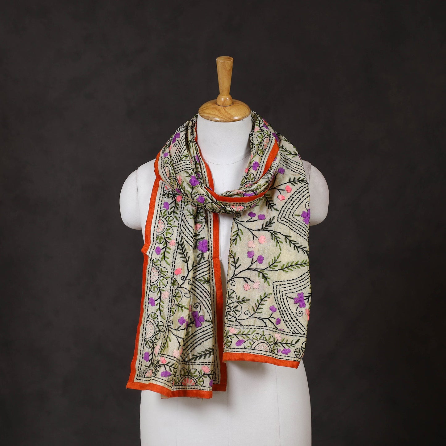 Orange Ranihati Chanderi Silk Hand Embroidered Stole