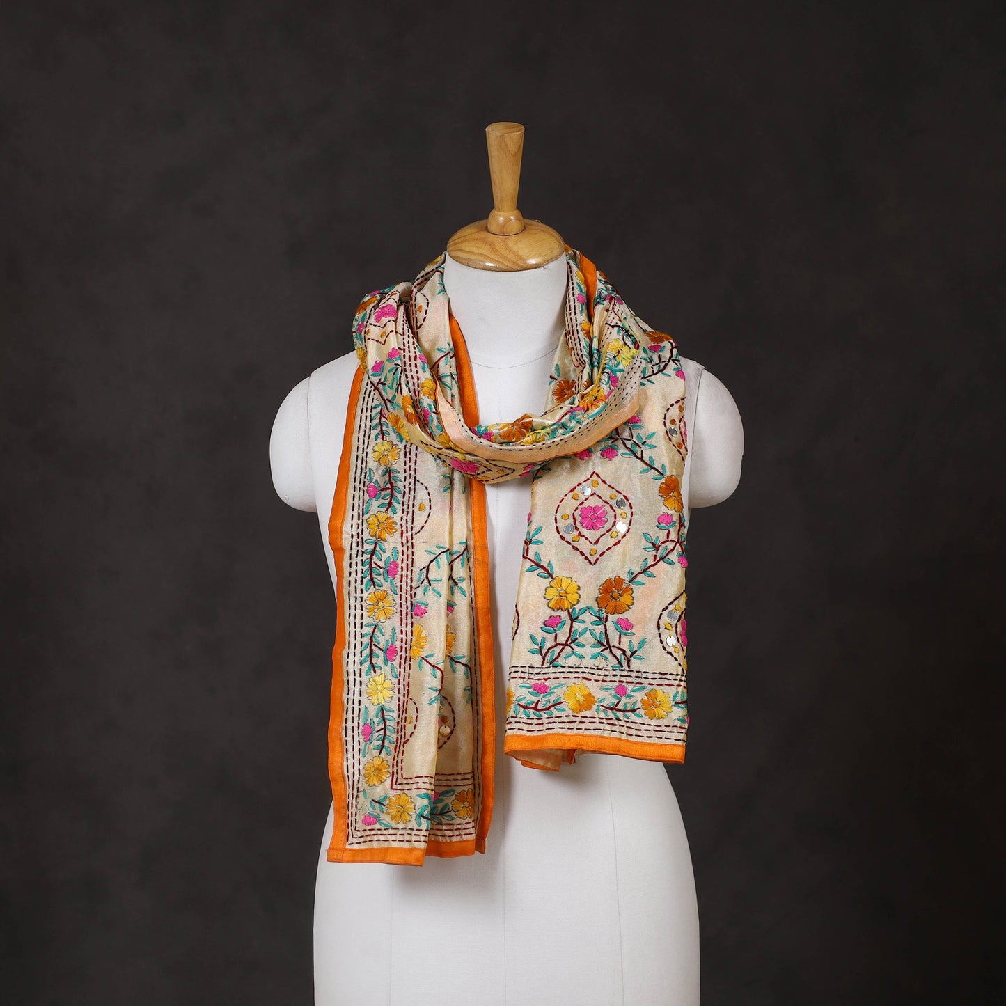 Orange Ranihati Chanderi Silk Hand Embroidered Stole