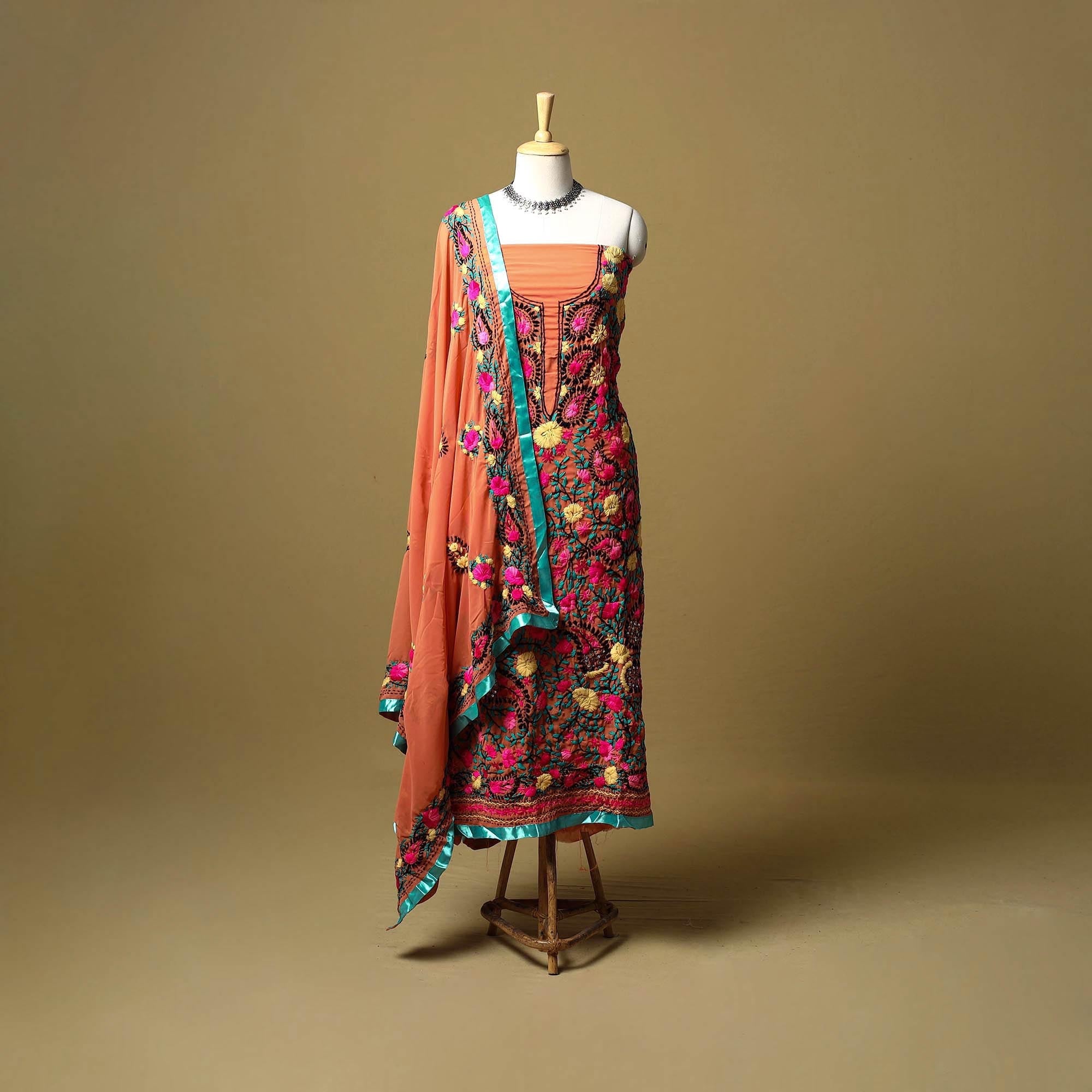 Orange - ranihati chapa work hand embroidery georgette 3pc