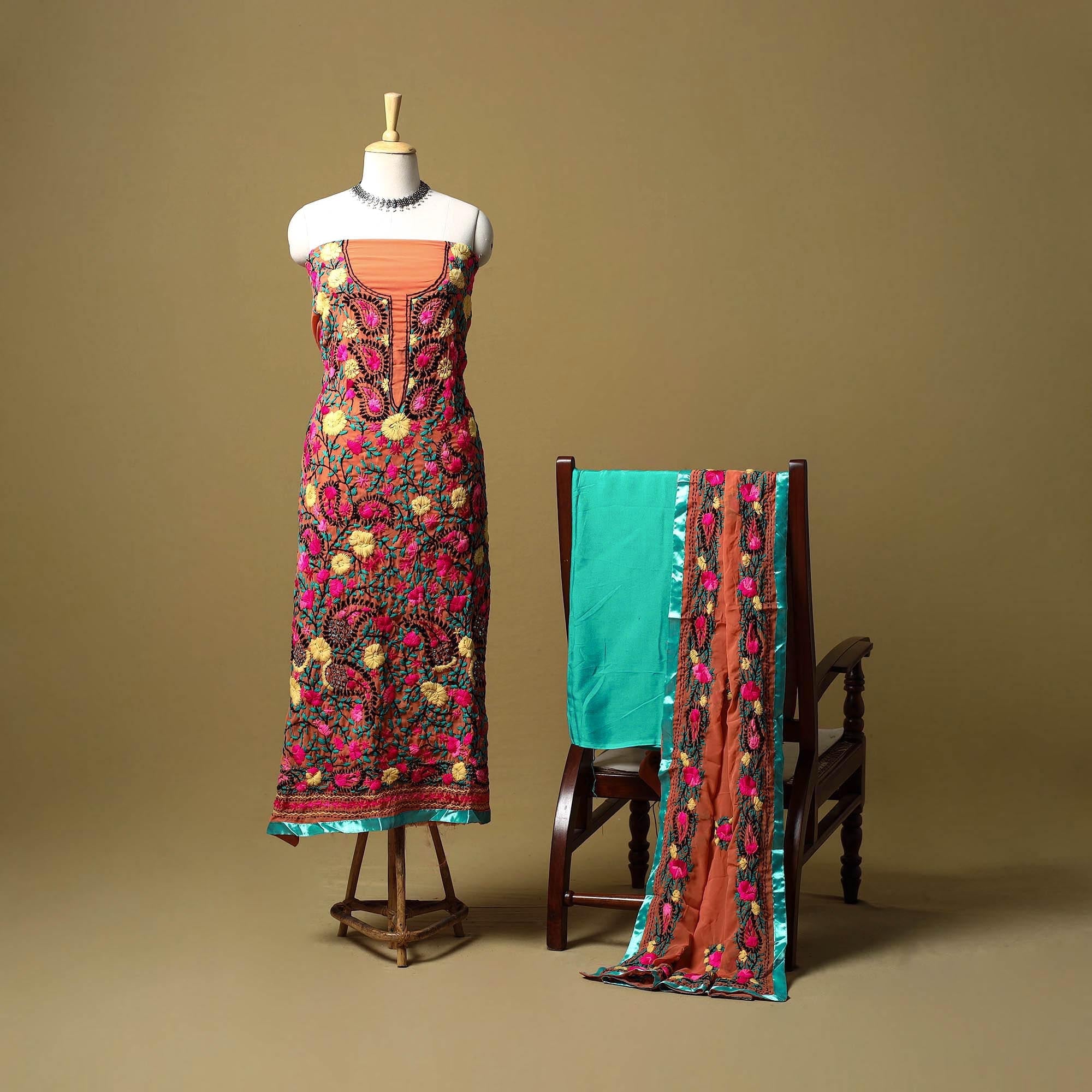 Orange - ranihati chapa work hand embroidery georgette 3pc