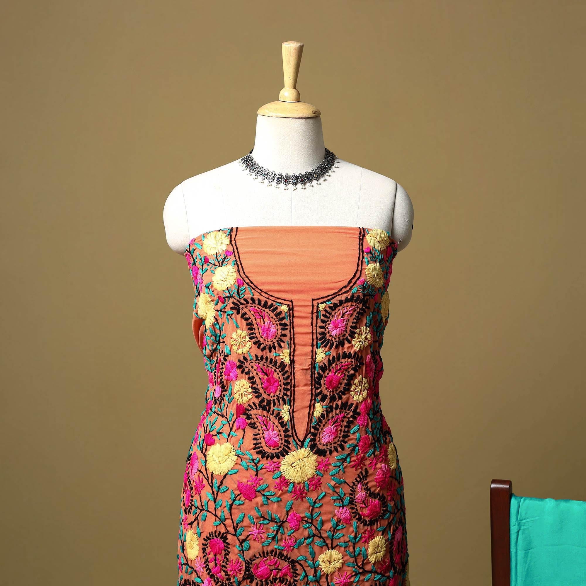 Orange - ranihati chapa work hand embroidery georgette 3pc