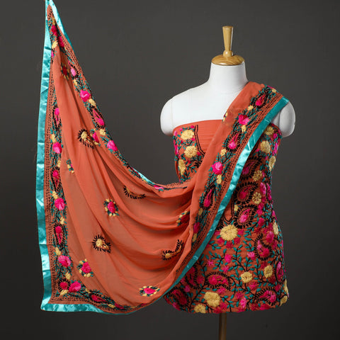 Orange - 3pc hand embroidery georgette phulkari unstitched