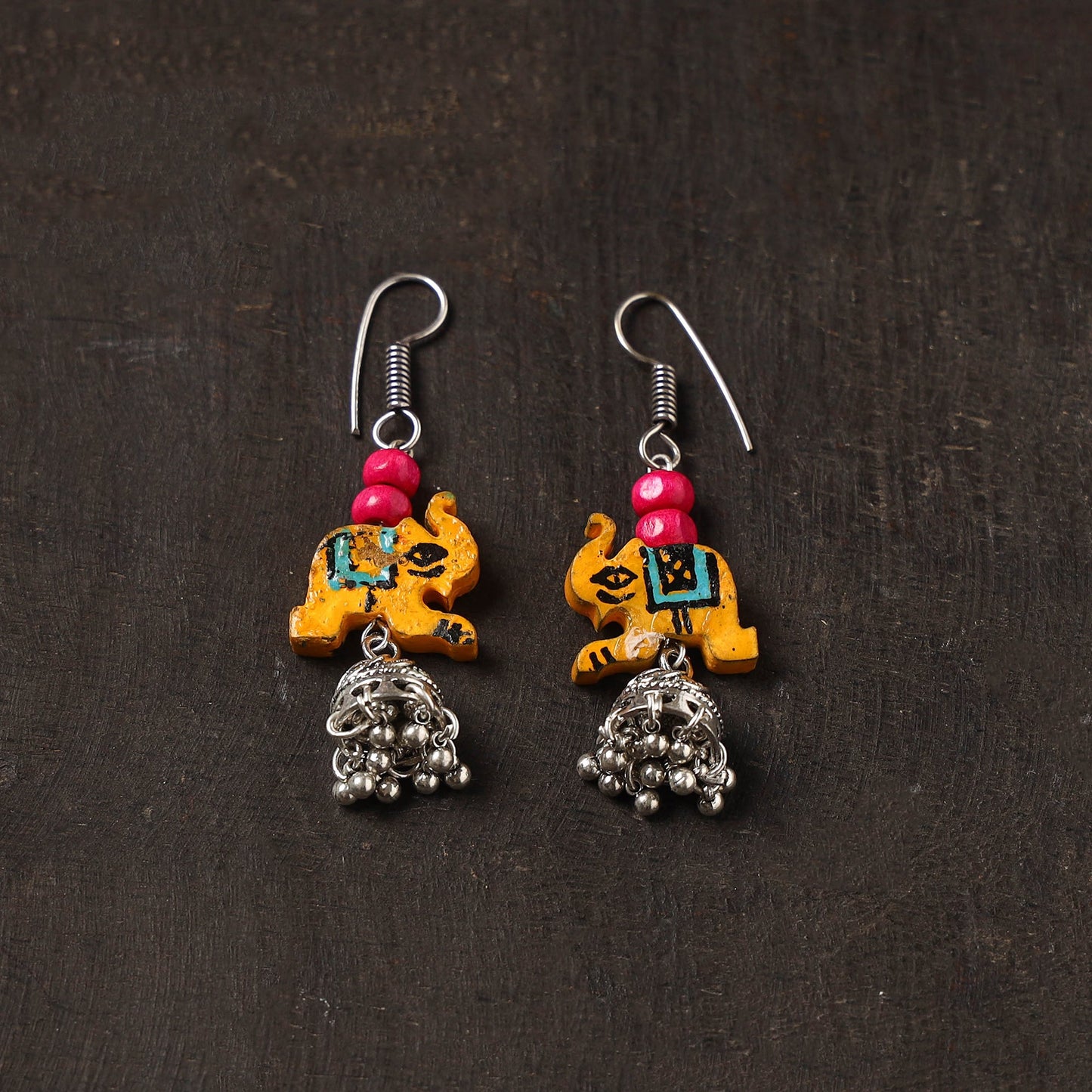 Orange - rasha german silver jhumki earrings with wooden
