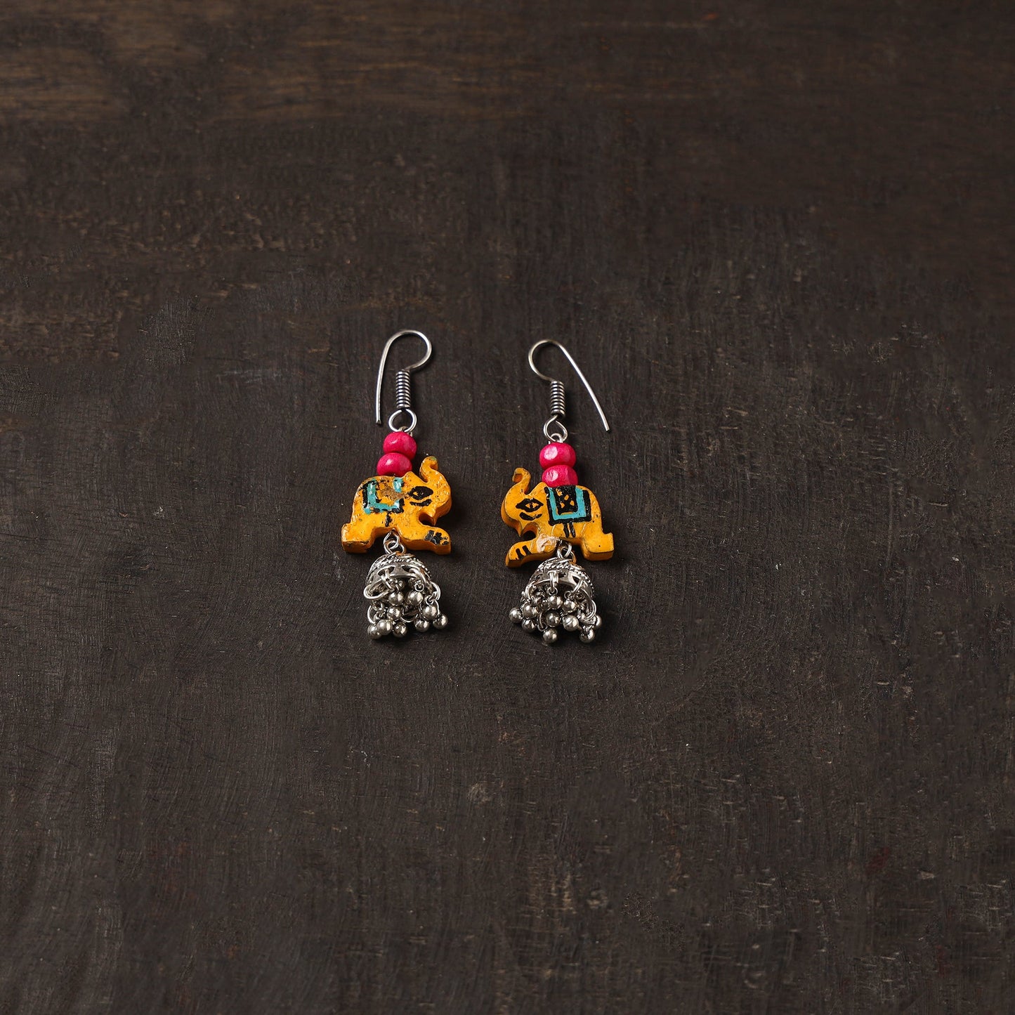 Orange - rasha german silver jhumki earrings with wooden