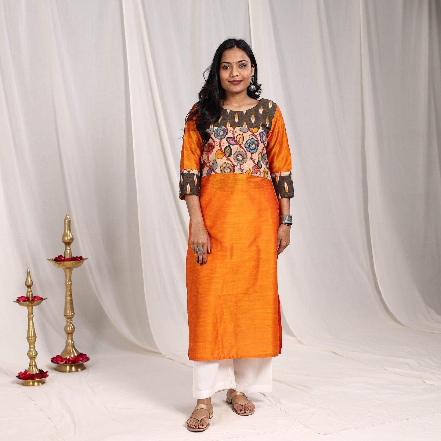 Orange Riya Slub Silk Straight Plain Kurta with Patchwork for Women