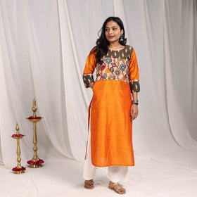 Orange Riya Slub Silk Straight Plain Kurta with Patchwork for Women