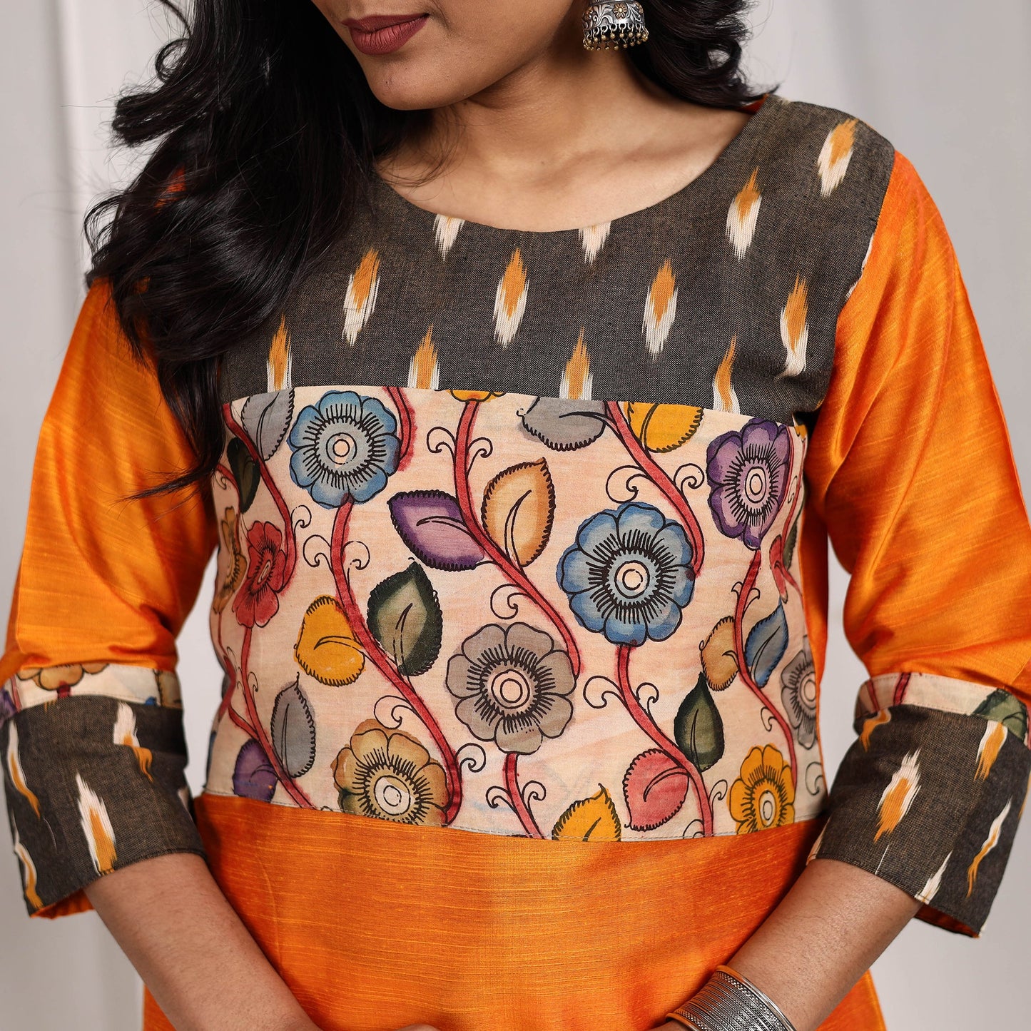 Orange Riya Slub Silk Straight Plain Kurta with Patchwork for Women