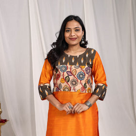 Orange Riya Slub Silk Straight Plain Kurta with Patchwork for Women