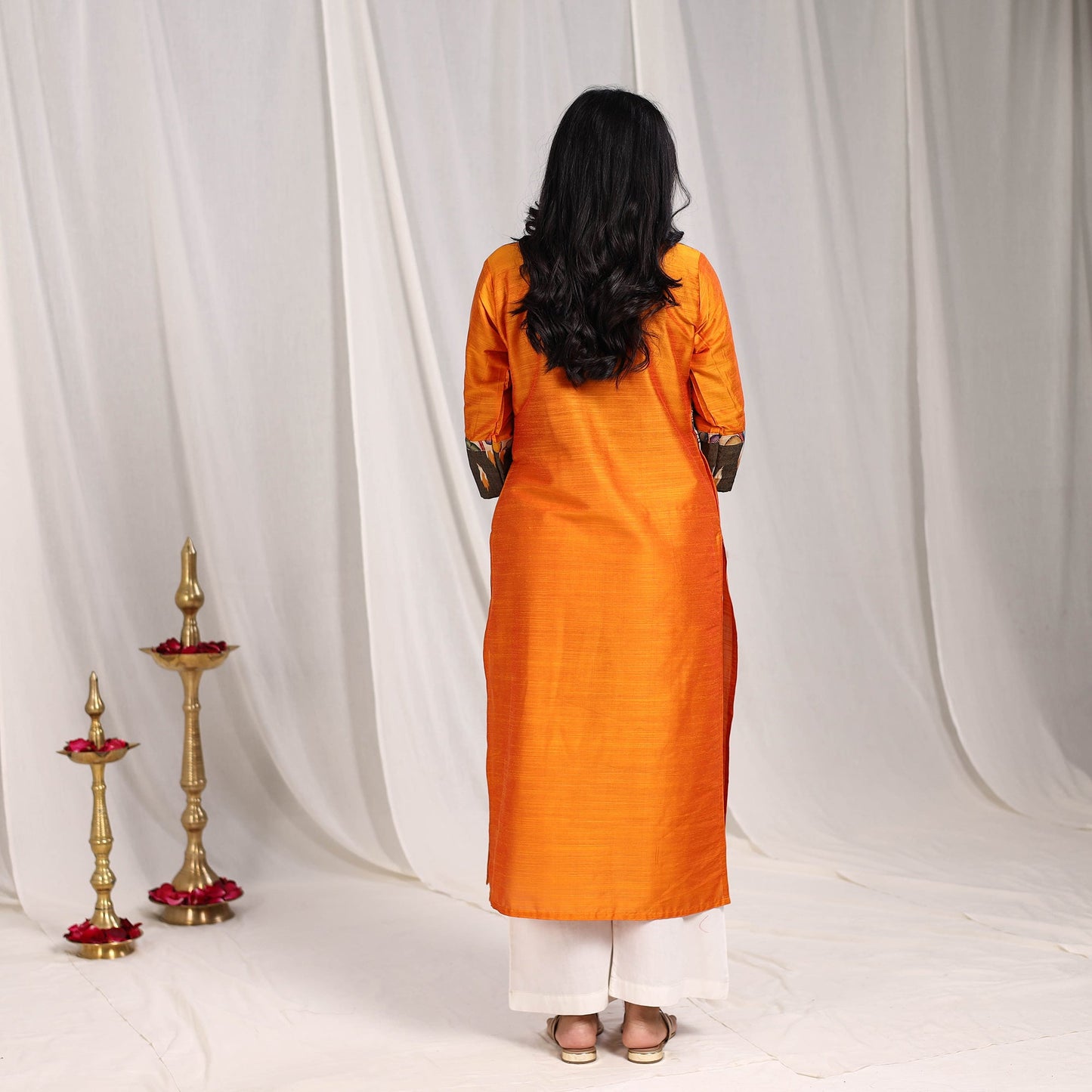 Orange Riya Slub Silk Straight Plain Kurta with Patchwork for Women