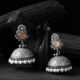 Orange - saanjh bela flower & leaves oxidised jhumka