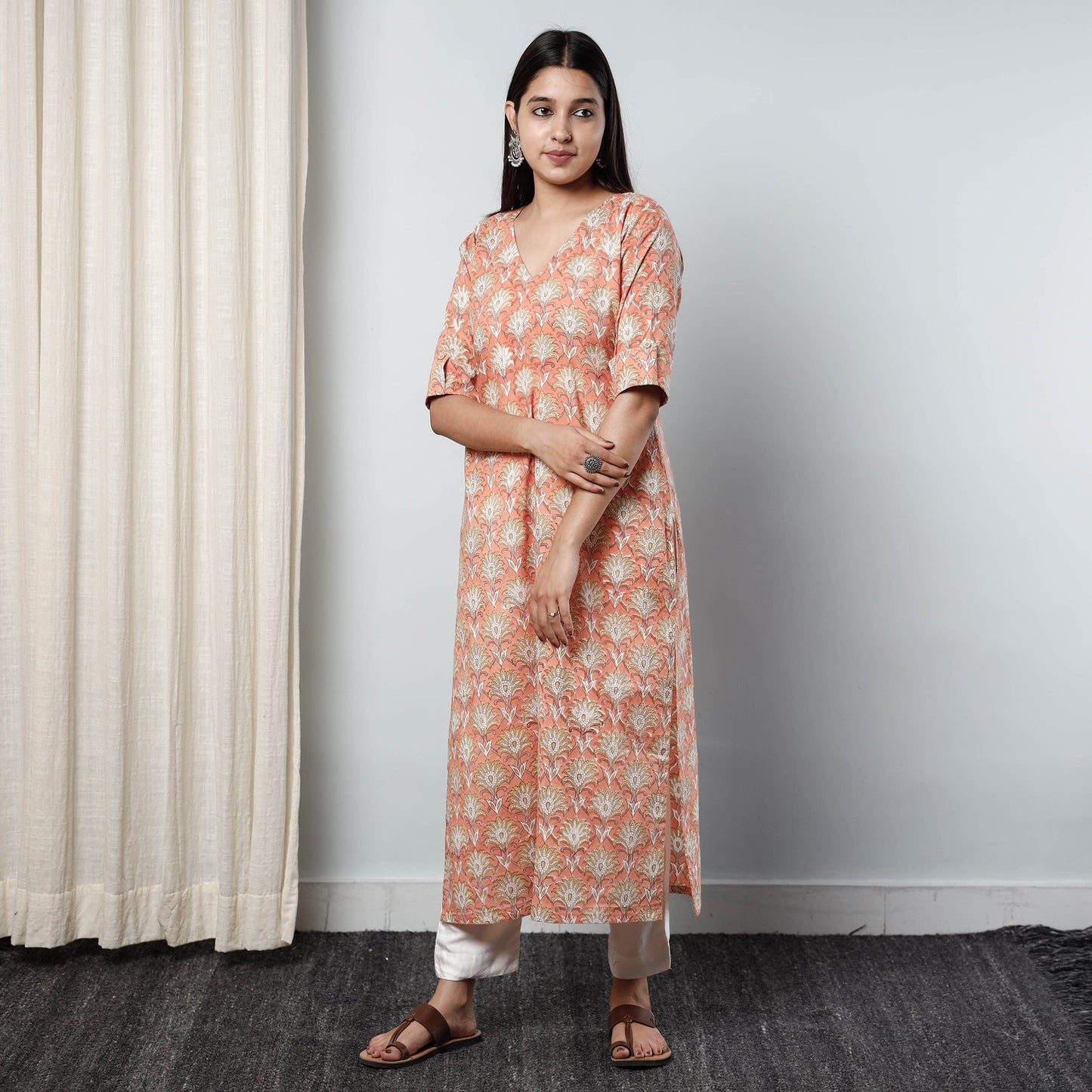  Sanganeri Block Printed Cotton Long Kurta for Women