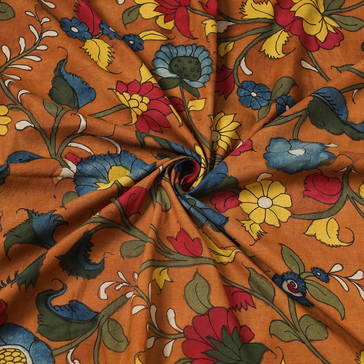 Silk Orange Handpainted Srikalahasti Pen Kalamkari Fabric 