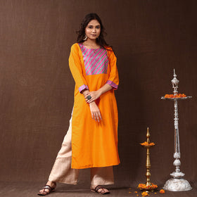  Yellow Silk Plain Long Kurta for Women