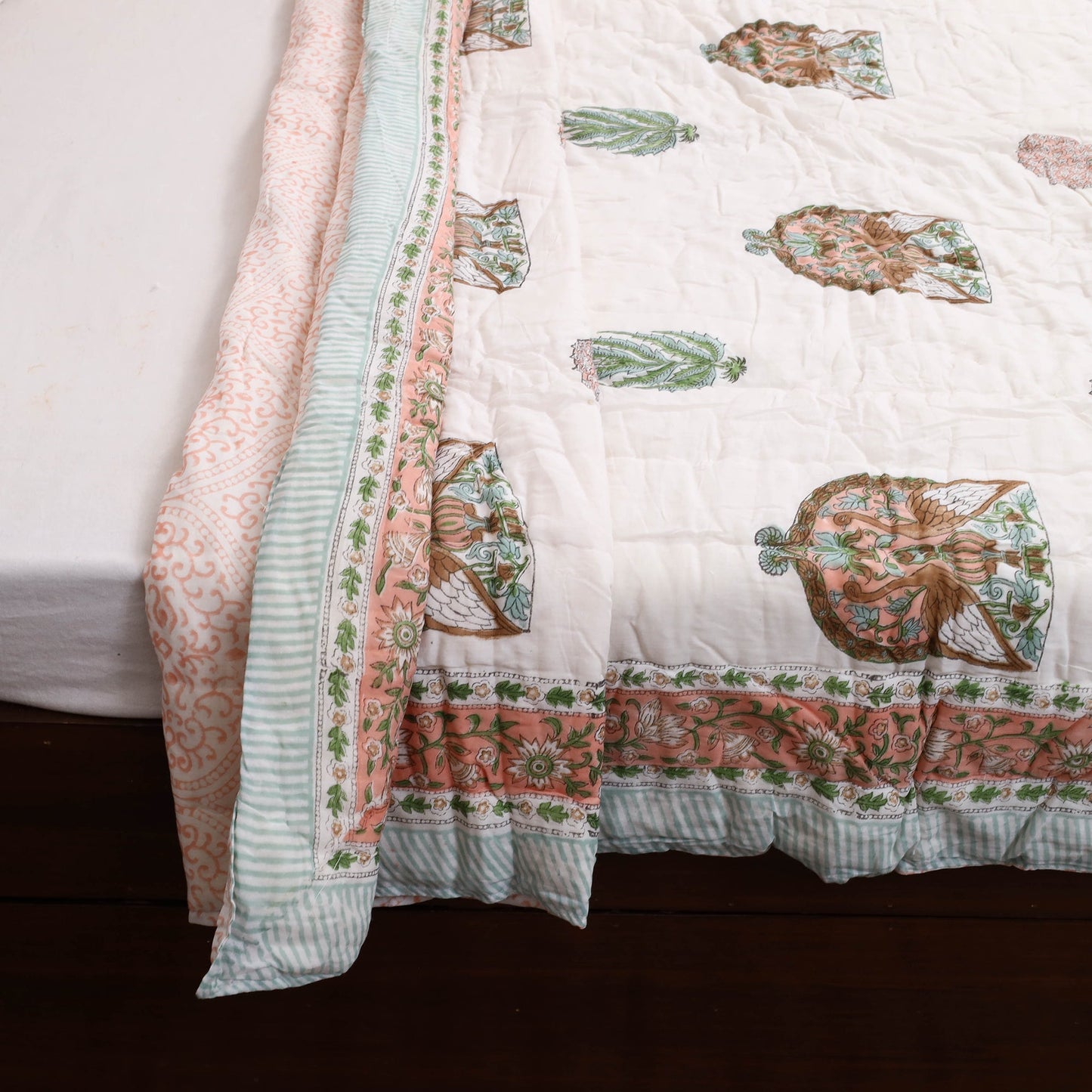 Orange - single - reversible sanganeri cotton quilt 36