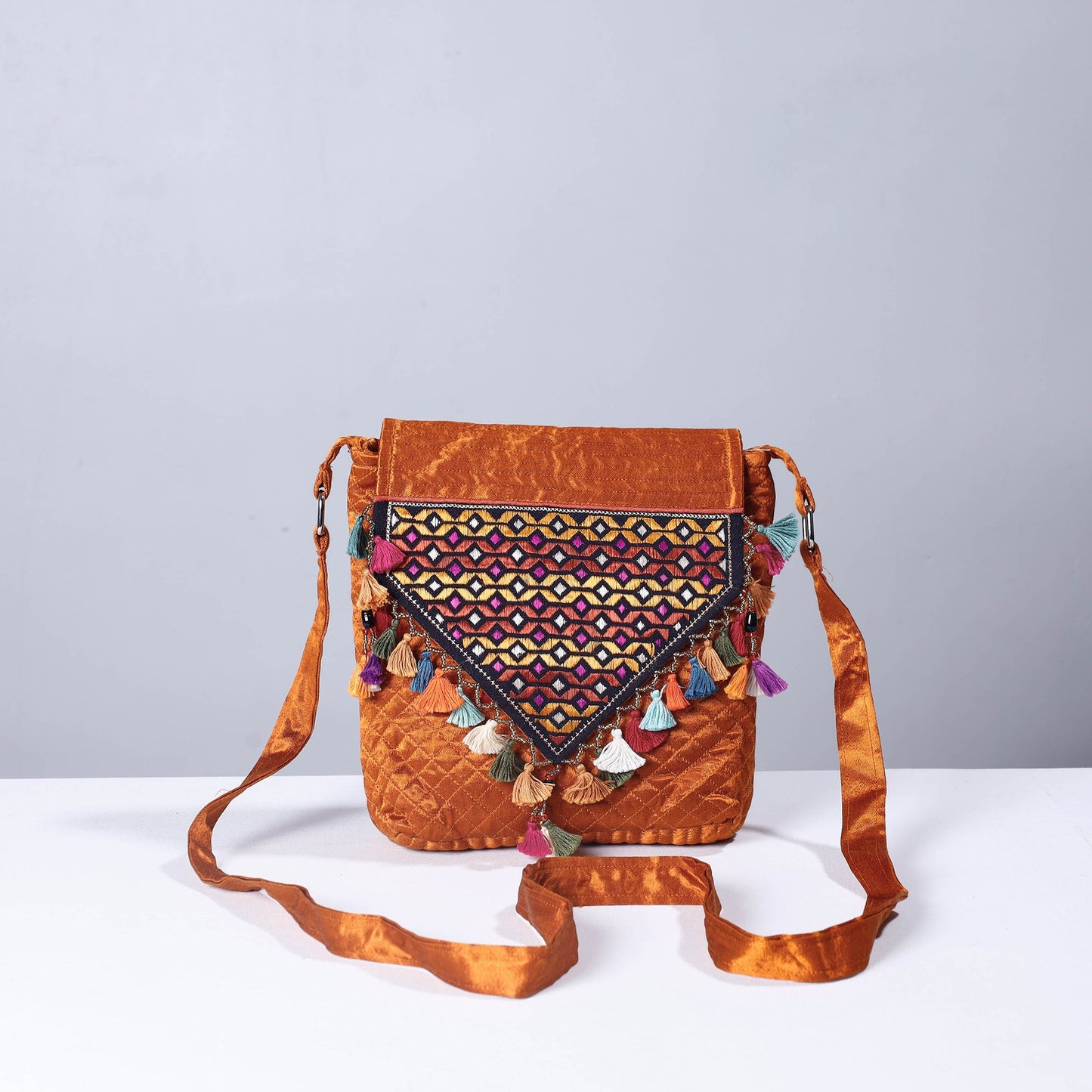 Orange Soof Stitch Embroidery Mashru Silk Sling Flap Bag