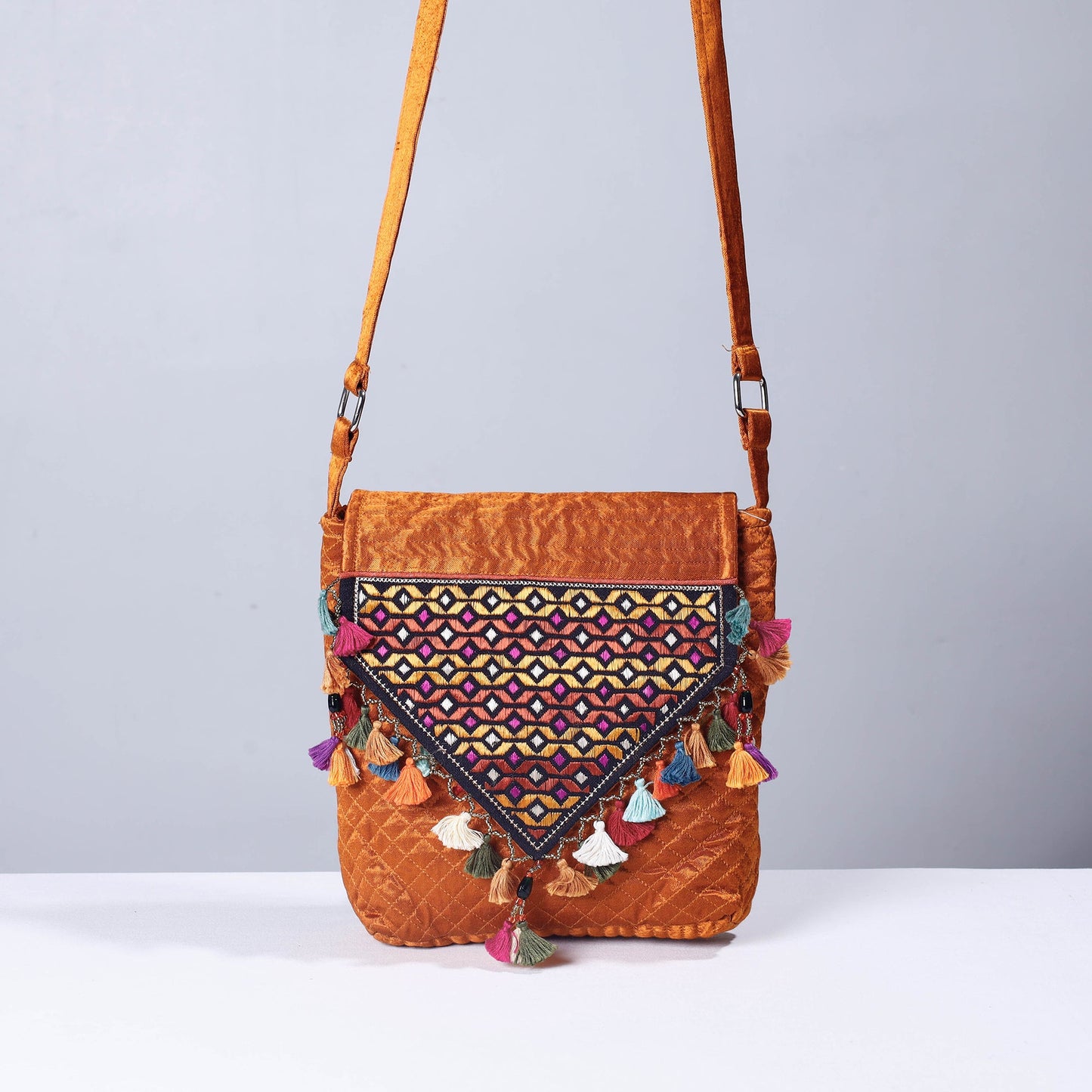 Orange Soof Stitch Embroidery Mashru Silk Sling Flap Bag