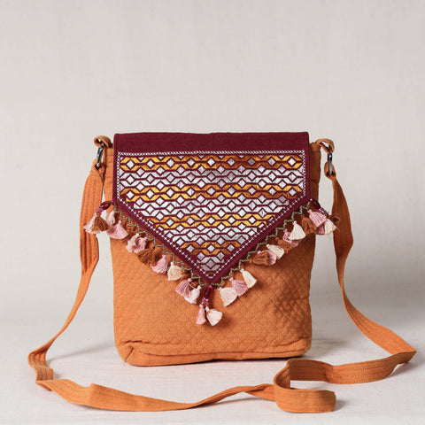 Orange Soof Stitch Embroidery Pure Handloom Sling Bag
