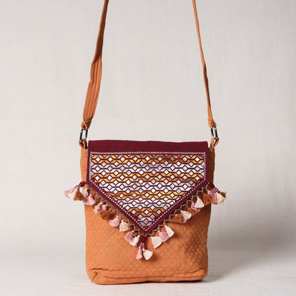 Orange Soof Stitch Embroidery Pure Handloom Sling Bag