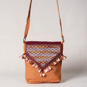 Orange Soof Stitch Embroidery Pure Handloom Sling Bag