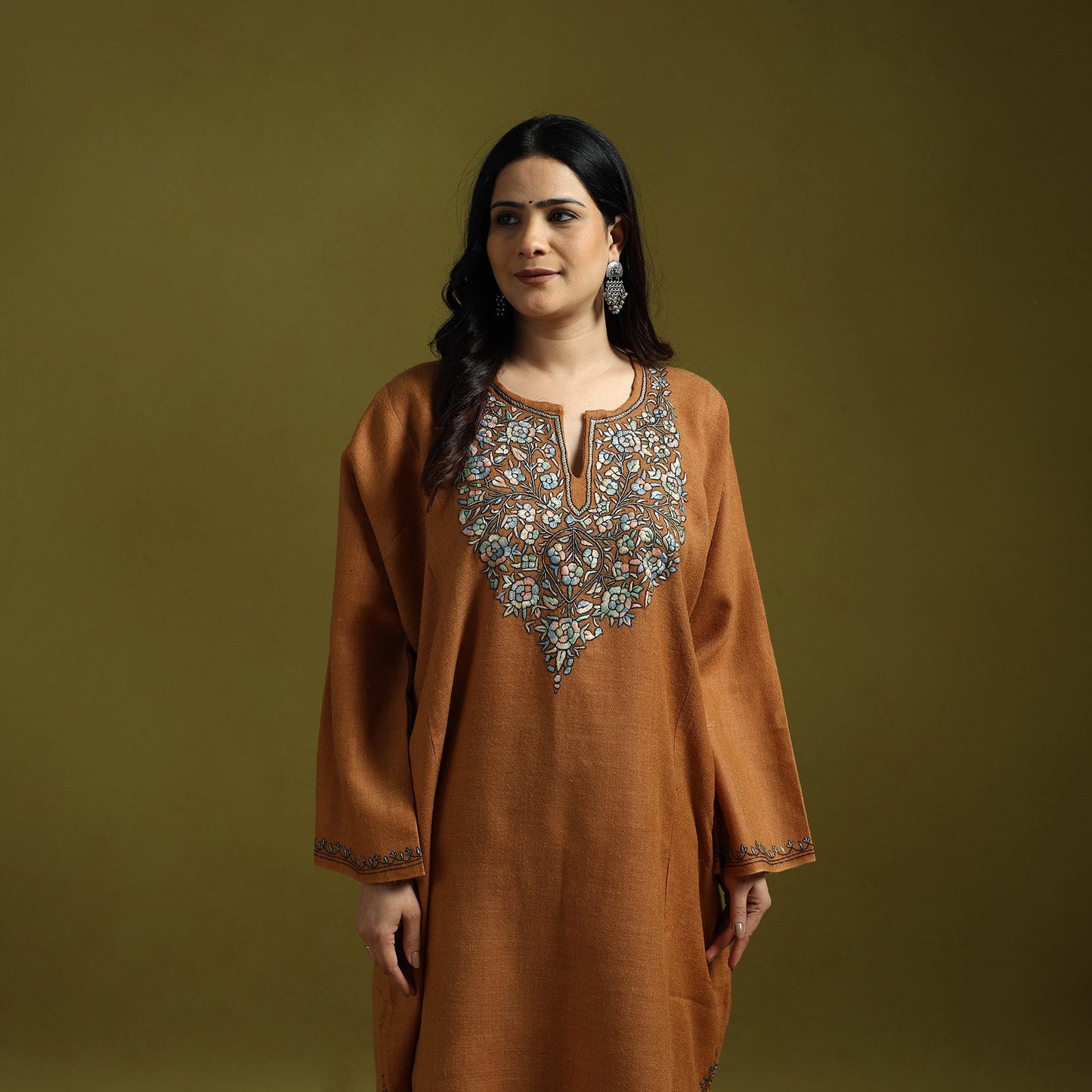 Orange - sozni hand embroidery kashmiri merino wool pheran