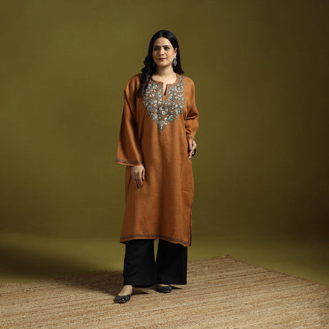 Orange - sozni hand embroidery kashmiri merino wool pheran