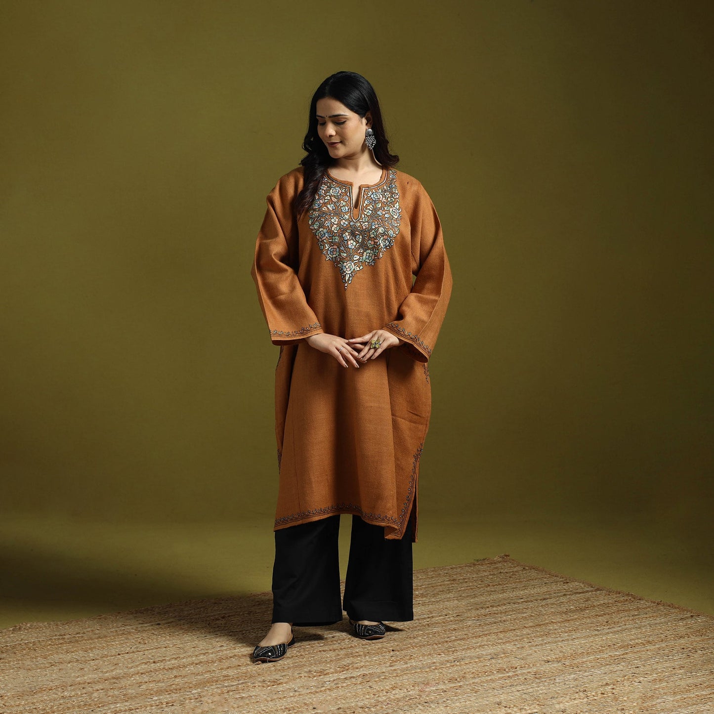 Orange - sozni hand embroidery kashmiri merino wool pheran