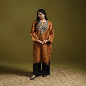 Orange - sozni hand embroidery kashmiri merino wool pheran