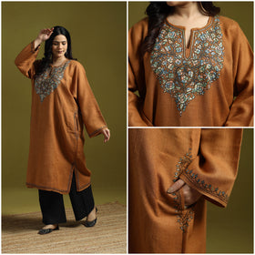 Orange - sozni hand embroidery kashmiri merino wool pheran