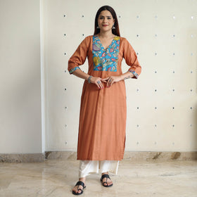 Orange - srikalahasti kalamkari patchwork plain linen