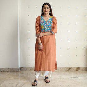 Orange - srikalahasti kalamkari patchwork plain linen