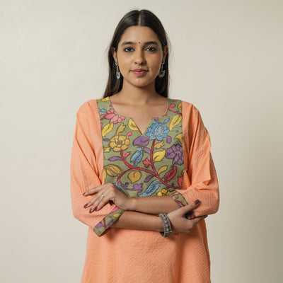 Buy Srikalahasti Kalamkari Patchwork Running Stitch Plain Cotton Short Kurta 09 Online at iTokri.com