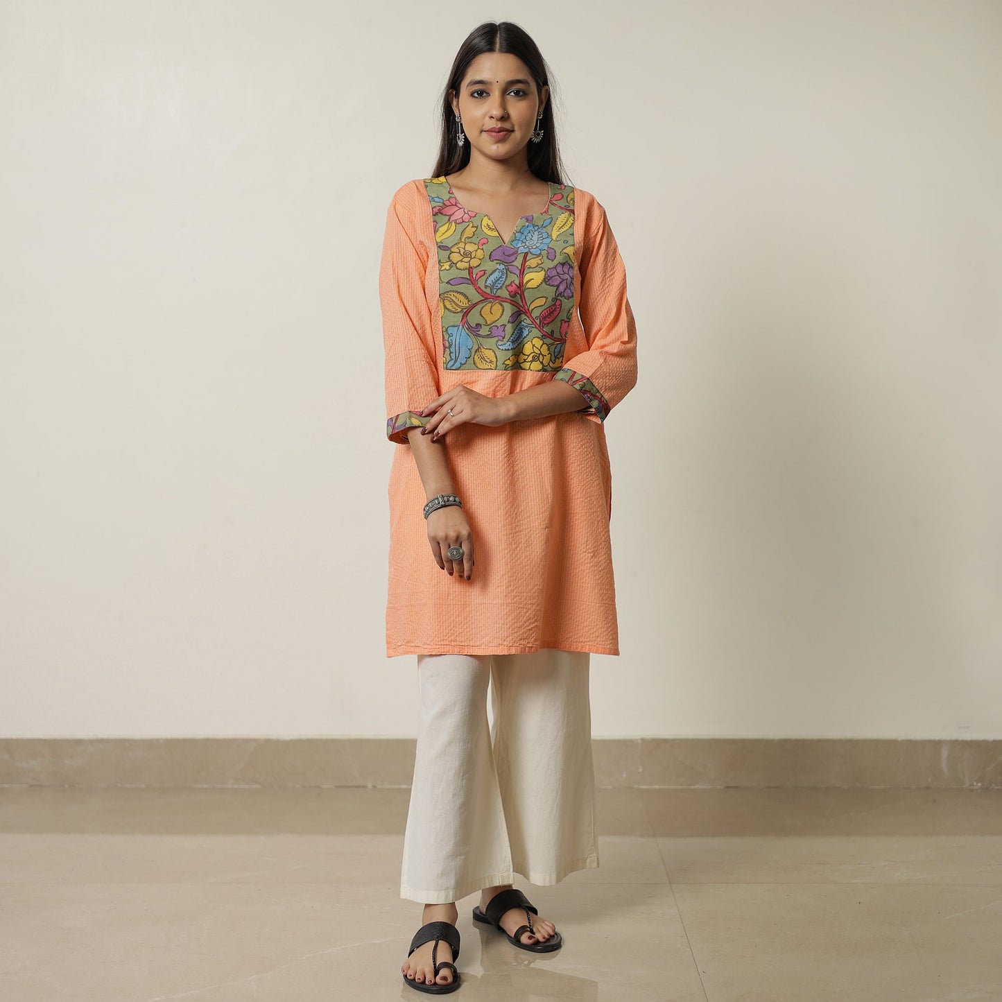 Buy Srikalahasti Kalamkari Patchwork Running Stitch Plain Cotton Short Kurta 09 Online at iTokri.com