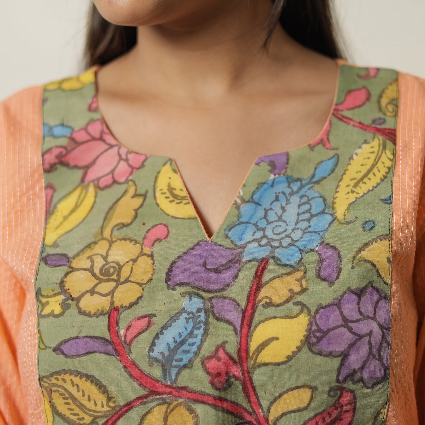 Buy Srikalahasti Kalamkari Patchwork Running Stitch Plain Cotton Short Kurta 09 Online at iTokri.com