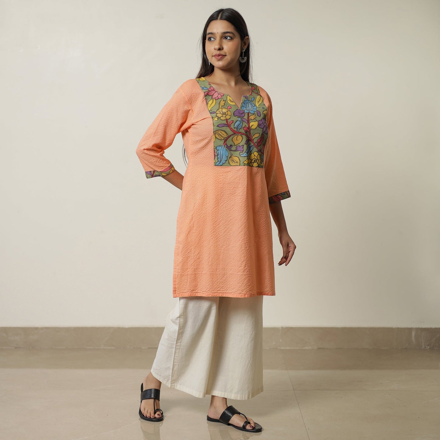 Buy Srikalahasti Kalamkari Patchwork Running Stitch Plain Cotton Short Kurta 09 Online at iTokri.com