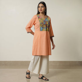 Buy Srikalahasti Kalamkari Patchwork Running Stitch Plain Cotton Short Kurta 09 Online at iTokri.com